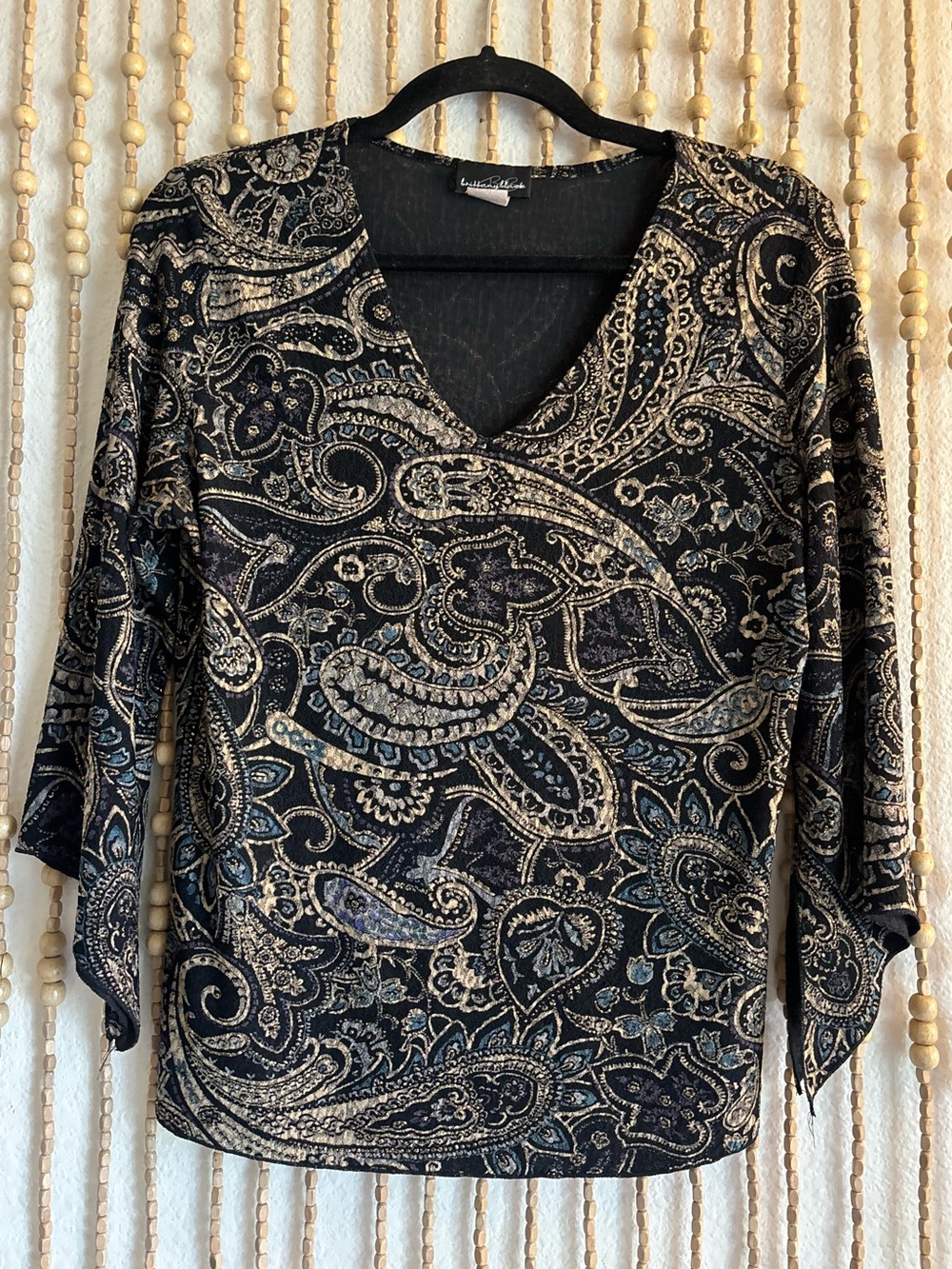 Brittany Black Paisley Teal Gold V Neck Flutter Sleeve Fairy Boho Indie Y2K Top